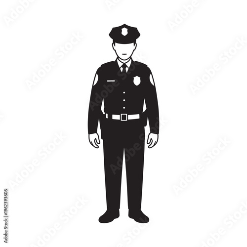 A professional vector illustration of a standing policeman in black uniform and hat featuring a law enforcement worker in a shirt and trousers