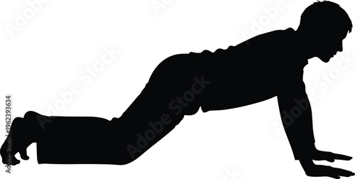 Black silhouette of young man practicing yoga pose or pushups on floor doing fitness exercise and healthy workout on white