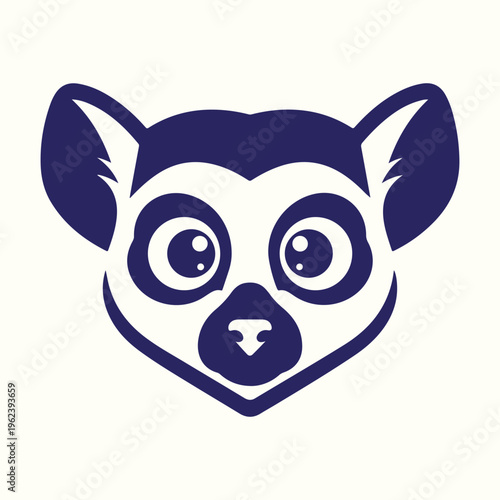 A stylized navy blue lemur face with large expressive eyes and a rounded snout high quality