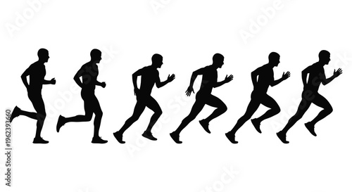 Silhouette of six people running in a line showcasing different running poses in black silhouette