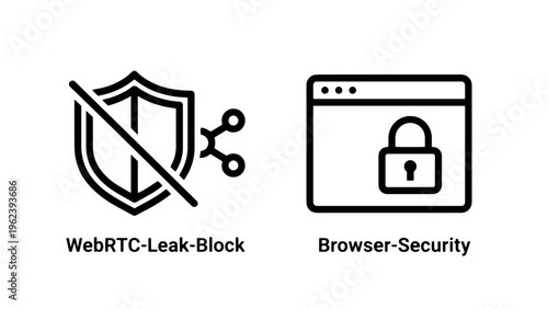 Webrtc leak block and browser security icons with line art icons representing