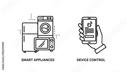 Smart appliances icons and device control via smartphone, line art