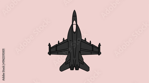 Black fighter jet in the sky, top view, on a pink background.
