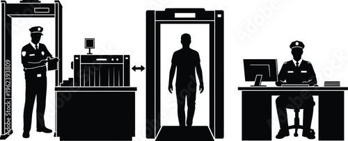 Black silhouettes of airport security checkpoint with metal detectors xray baggage scanner and security guards isolated on white background for design