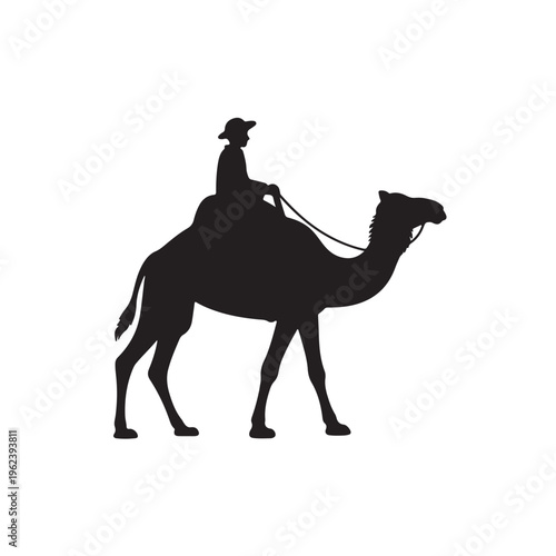 A silhouette vector illustration of a wild dromedary camel with a single hump walking across the sand in the Arabian Sahara desert
