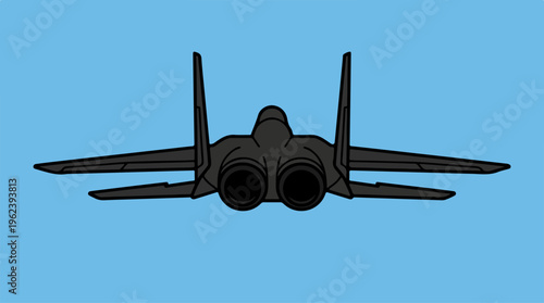 Black fighter jet soaring through the clear blue sky, rear view.