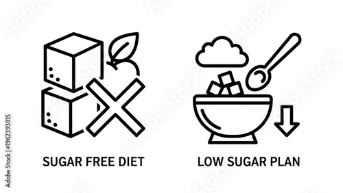 Sugar free diet icon and low sugar plan icon, line art