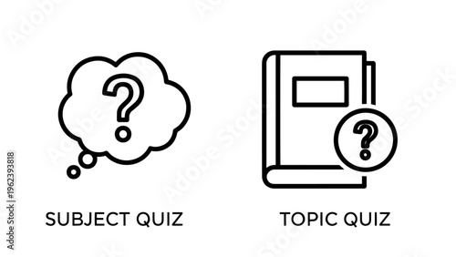 Subject quiz and topic quiz icons, question mark and book, line art