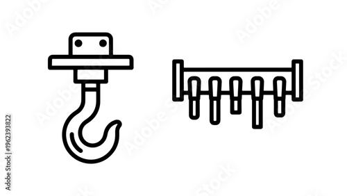 Crane hook and chain link icons with two minimalist black and white line art