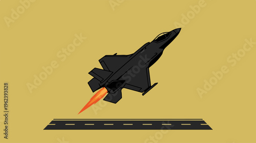 Black fighter jet taking off from the runway with fire.
