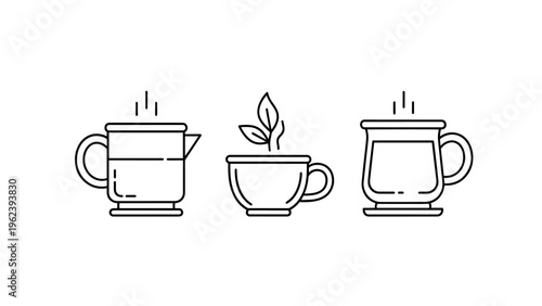 Hot drinks icons: tea cup, coffee mug, and plant infusion