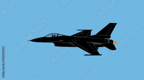 Black fighter jet soaring through the clear blue sky.