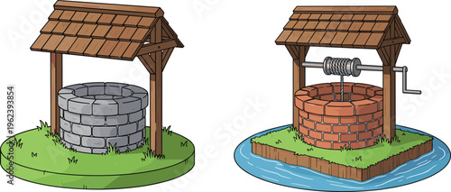 Traditional Water Well Vector Illustration Set with Stone and Brick Designs, Wooden Roof Structures, and Hand Crank Mechanism