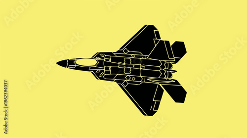 Black silhouette of a fighter jet on a yellow background.