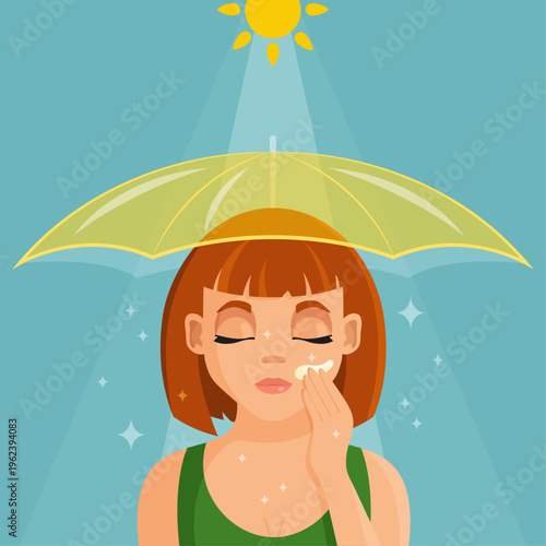 Redhead woman applying sun protection cream under a large yellow umbrella