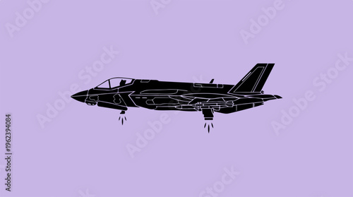 Black silhouette of a modern fighter jet on a purple background.