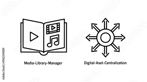 Media library and digital centralization icons with two minimalist line art