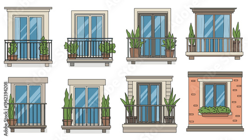 Collection of eight different apartment balcony designs with glass doors, black railings, and various types of potted plants and greenery.