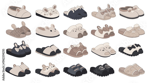 Grid of twenty different pairs of cozy indoor house slippers for men and women in various colors and styles including animal themes.