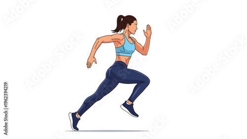 Side view of a fit athletic woman in blue sportswear running and sprinting fast on a white background showing dynamic movement and speed.