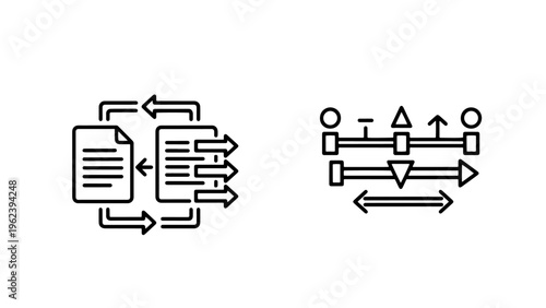 Document workflow and data processing icons, line art, represents business