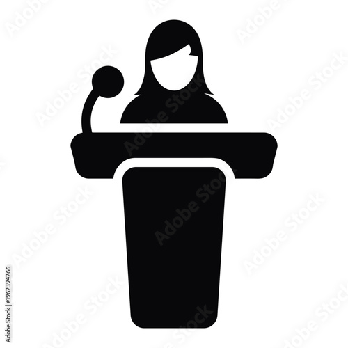 Female speaker at podium with microphone vector illustration