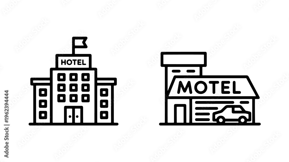 Fototapeta premium Hotel and motel accommodation buildings outline icons for travel