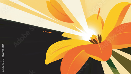 Illustration of flying flower petals. Sunlight enters dramatically vector design template