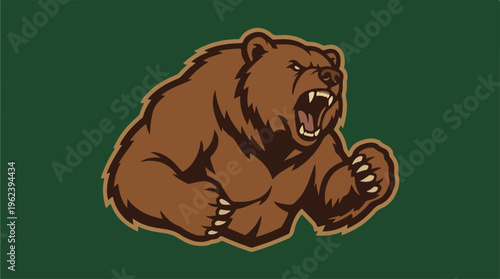 Brown bear roaring with aggressive expression on green background.