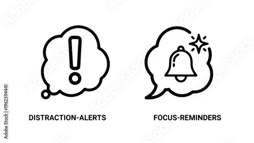 Focus reminders and distraction alerts notification icons for productivity