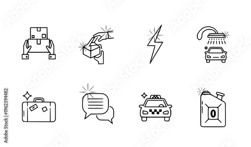 Modern utility line icons with light glare effects delivery energy transport and communication symbols set