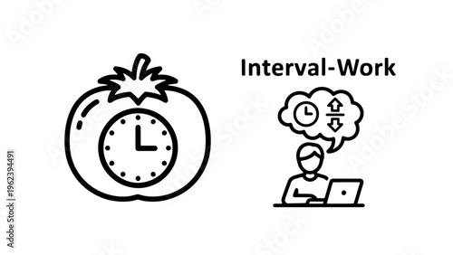 Pomodoro timer and interval work productivity technique icons