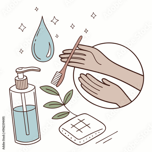 An illustration of hand hygiene and oral care with soap dispenser, toothbrush, and soap bar