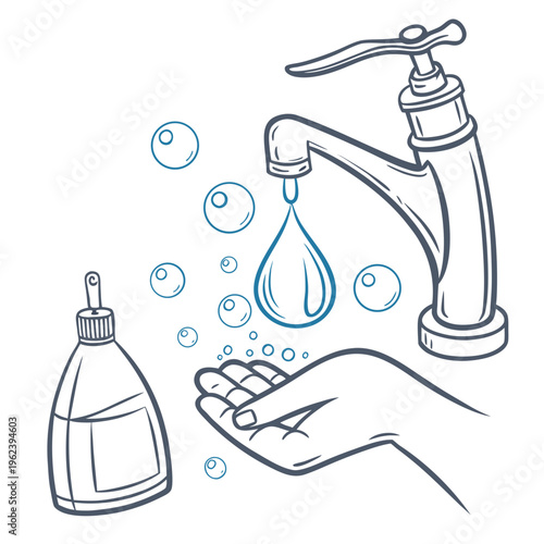 Vector illustration of a hand under a faucet with soap bubbles and a bottle of hand sanitizer