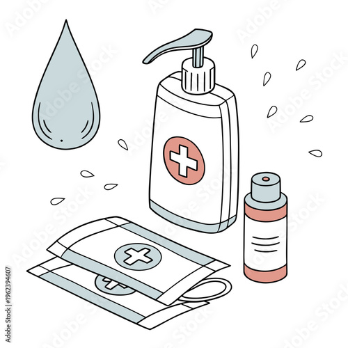 An illustration of hand sanitizer, wet wipes, and a bottle of medicine on a with a water drop