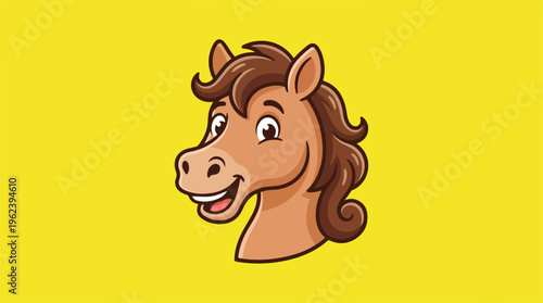 Cartoon horse head smiling with a brown mane and a yellow background.