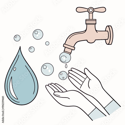 An illustration of hands under a faucet with water droplets and bubbles coming out