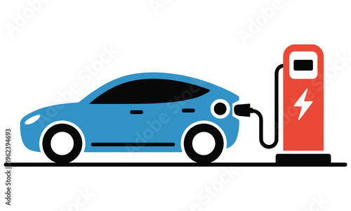 Electric car charging at a modern red charging station with a lightning bolt symbol