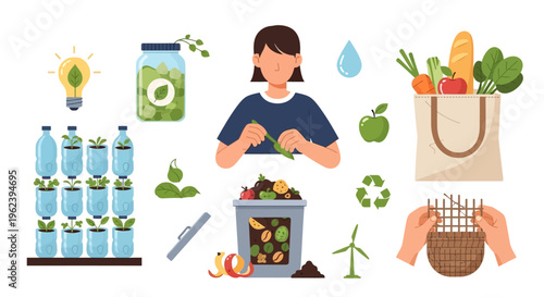 Sustainable Living Concept: Eco-Friendly Practices, Urban Gardening, Recycling, Composting, and Healthy Lifestyle