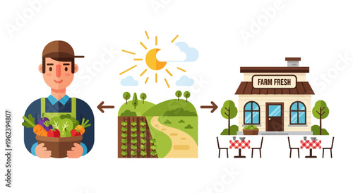 Farm to Table Fresh Food Chain Illustration: Farmer, Garden, and Local Store Concept