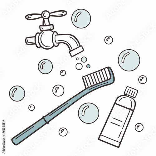 Toothbrush, toothpaste, and faucet with bubbles for oral hygiene and bathroom routine