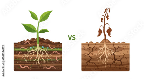 Soil Health Comparison: Thriving Plant in Fertile Soil vs. Withered Plant in Dry, Cracked Earth