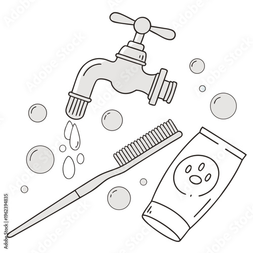 A line drawing of a faucet with water droplets and a toothbrush and toothpaste
