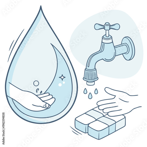 An illustration showing hands washing with soap and water from a faucet
