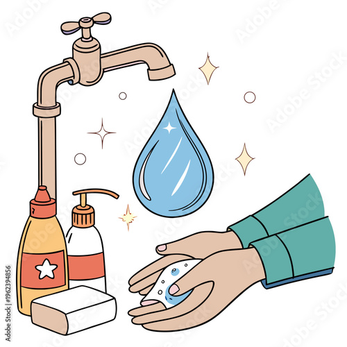 A person washing their hands with soap and water from a faucet with bubbles and a large water drop