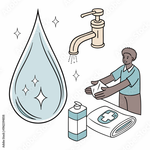 A cartoon image of a man washing his hands with soap and water from a faucet