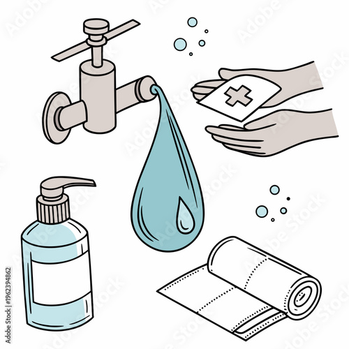 Vector illustration of hand hygiene and cleanliness icons including faucet with water drop, hand sanitizer bottle, soap, and paper towels