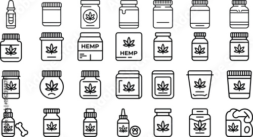 Hemp and CBD product icon set, 28 cannabis oil and medicine bottle line vectors, marijuana leaf packaging and dispensary container symbols