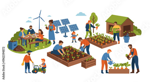 Sustainable Community Garden: People Planting, Harvesting, and Sharing Fresh Food, Powered by Solar and Wind Energy