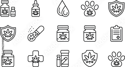 Medical cannabis line icons set, CBD oil and marijuana medicine symbols, 15 vector elements for veterinary and healthcare pharmaceutical branding